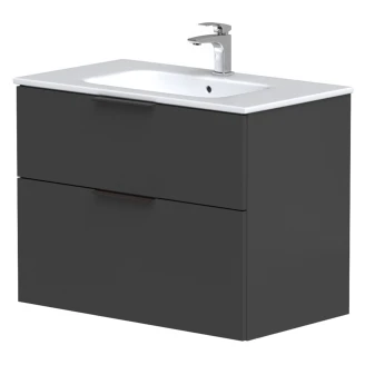 Tvättställsskåp <strong>Velira</strong>  Grafit Matt 80 cm med Handfat Vit, Handtagen Svart & Ben