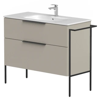 Tvättställsskåp <strong>Velira</strong>  Gråbeige Matt 100 cm med Handfat Vit, Handtagen Svart & Ben