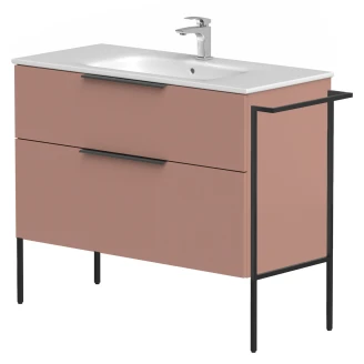 Tvättställsskåp <strong>Velira</strong>  Rosa Matt 100 cm med Handfat Vit, Handtagen Svart & Ben