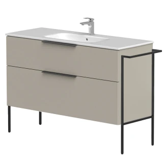 Tvättställsskåp <strong>Velira</strong>  Gråbeige Matt 120 cm med Handfat Vit, Handtagen Svart & Ben