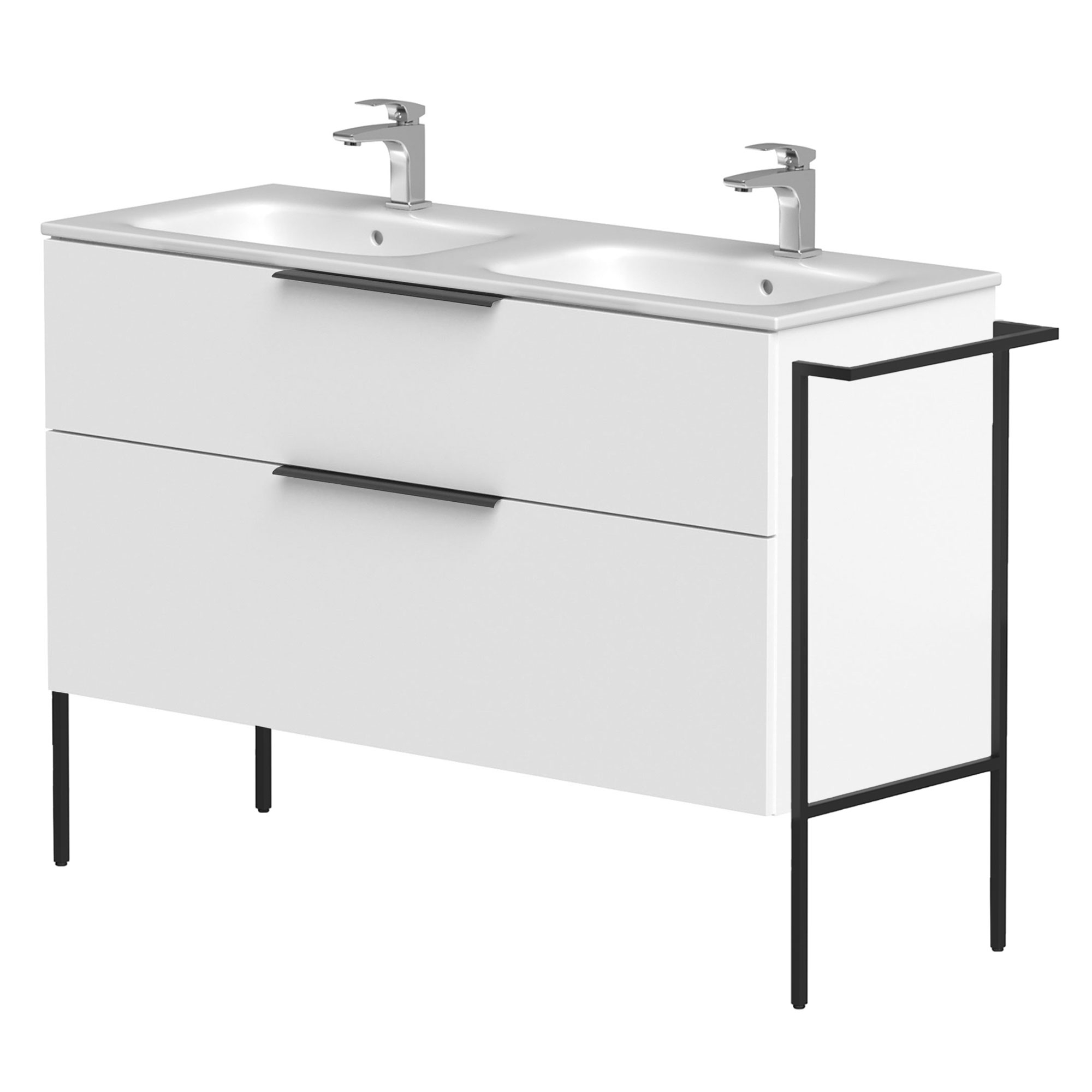 Dubbelt Tvättställsskåp Velira Vit Matt 120 cm med Handfat Vit, Handtagen Svart & Ben