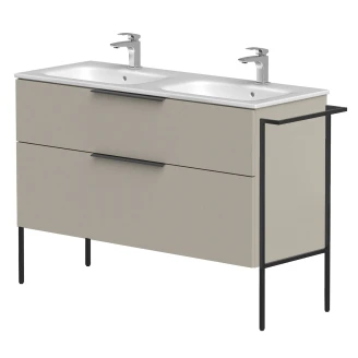 Dubbelt Tvättställsskåp <strong>Velira</strong>  Gråbeige Matt 120 cm med Handfat Vit, Handtagen Svart & Ben