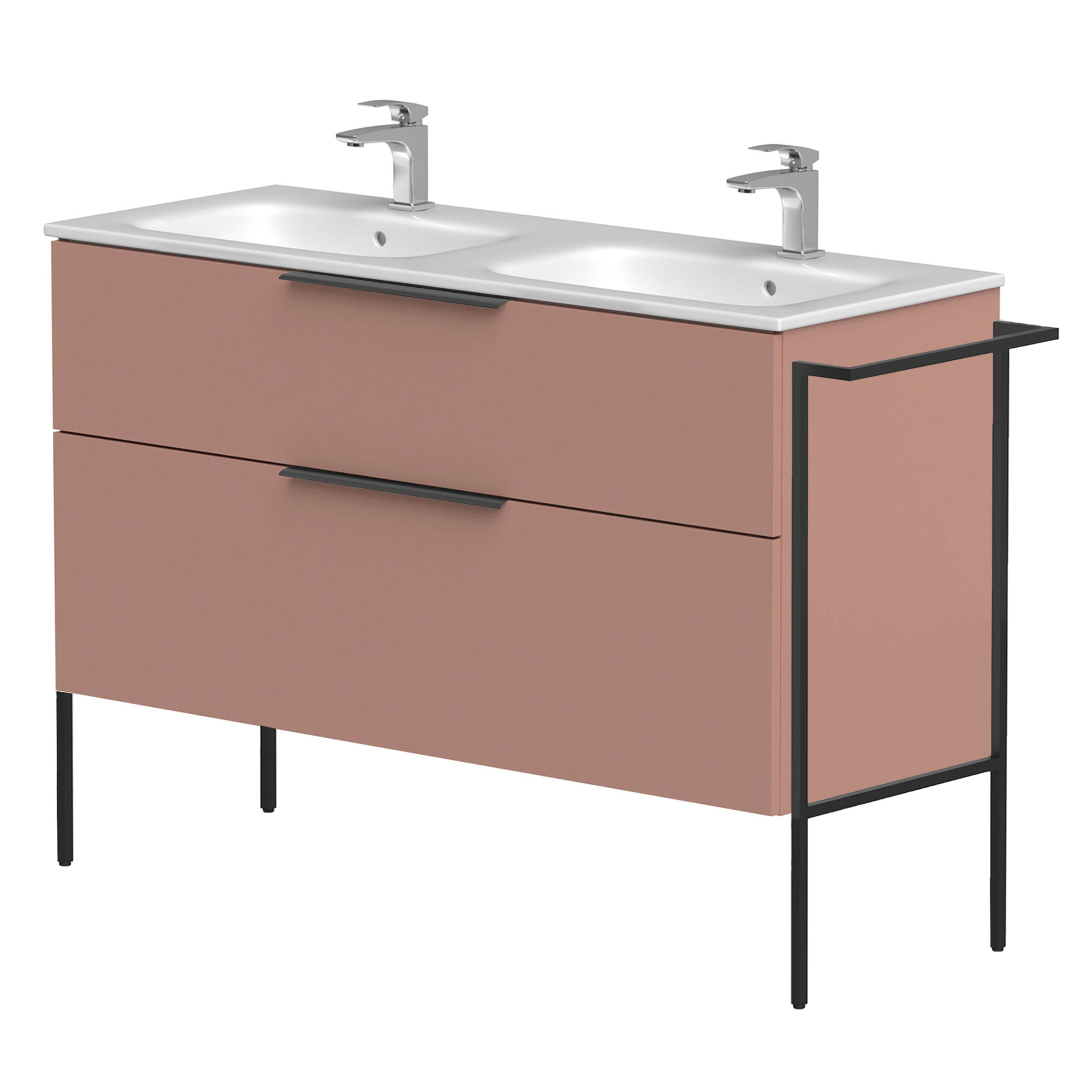 Dubbelt Tvättställsskåp Velira Rosa Matt 120 cm med Handfat Vit, Handtagen Svart & Ben