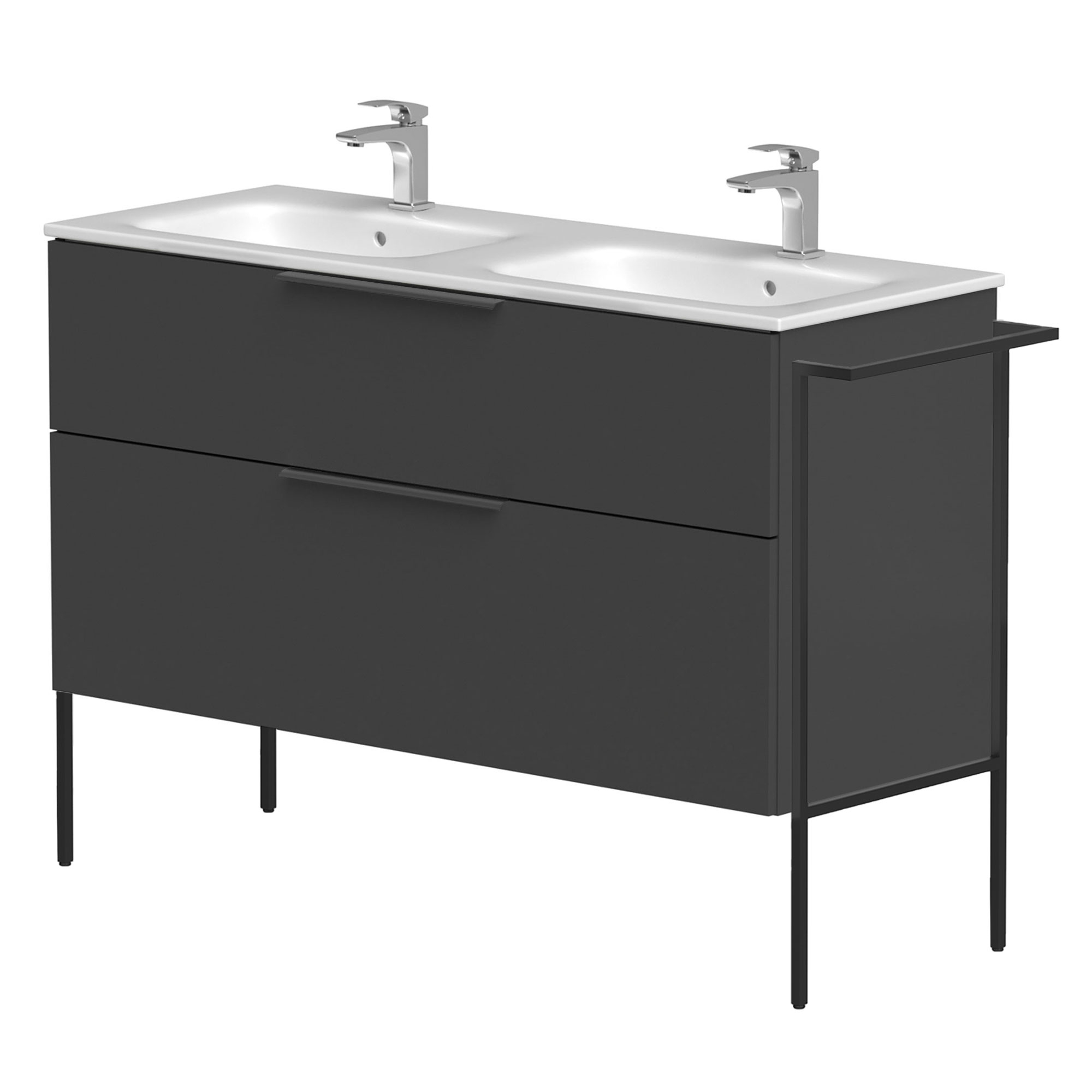 Dubbelt Tvättställsskåp Velira Grafit Matt 120 cm med Handfat Vit, Handtagen Svart & Ben