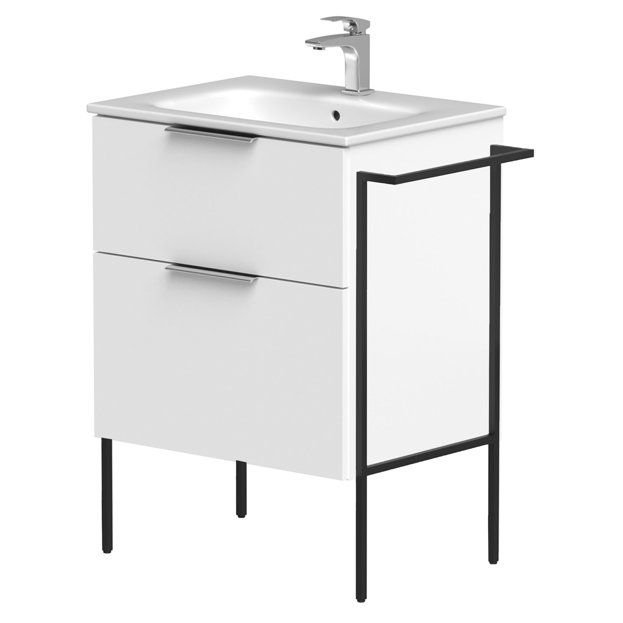 Tvättställsskåp Velira Vit Matt 60 cm med Handfat Vit, Handtagen Krom & Ben
