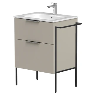 Tvättställsskåp <strong>Velira</strong>  Gråbeige Matt 60 cm med Handfat Vit, Handtagen Krom & Ben