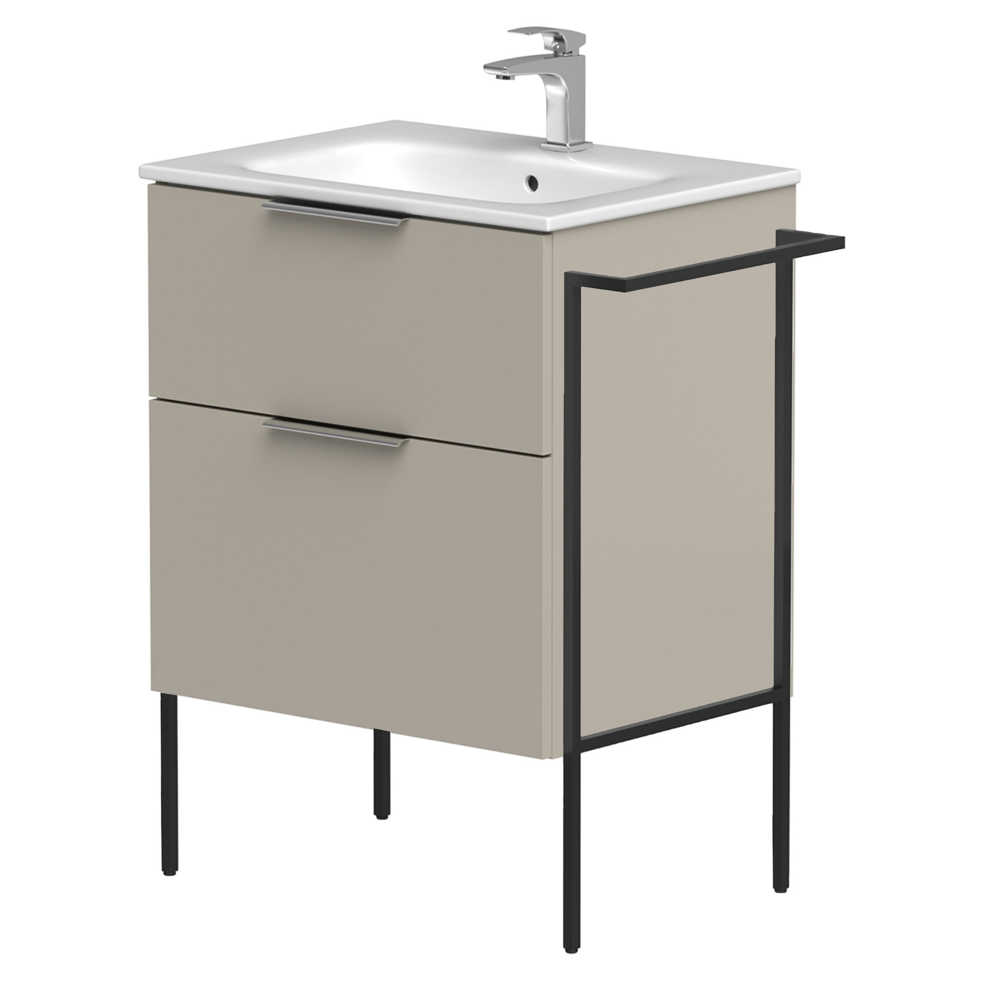 Tvättställsskåp Velira Gråbeige Matt 60 cm med Handfat Vit, Handtagen Krom & Ben