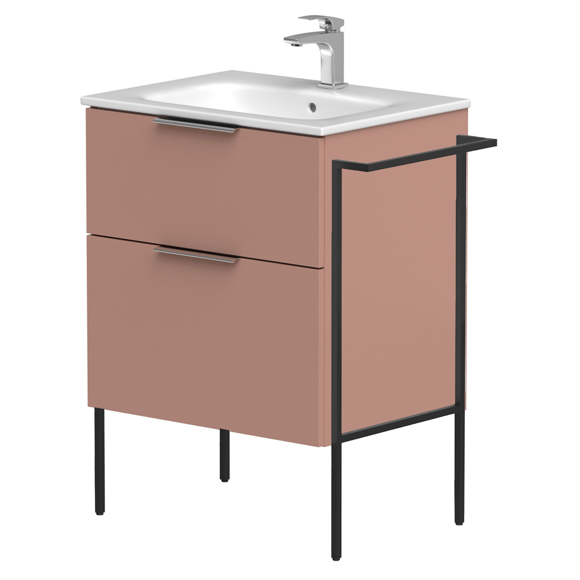 Tvättställsskåp Velira Rosa Matt 60 cm med Handfat Vit, Handtagen Krom & Ben