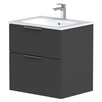 Tvättställsskåp Velira Grafit Matt 60 cm med Handfat Vit, Handtagen Krom & Ben