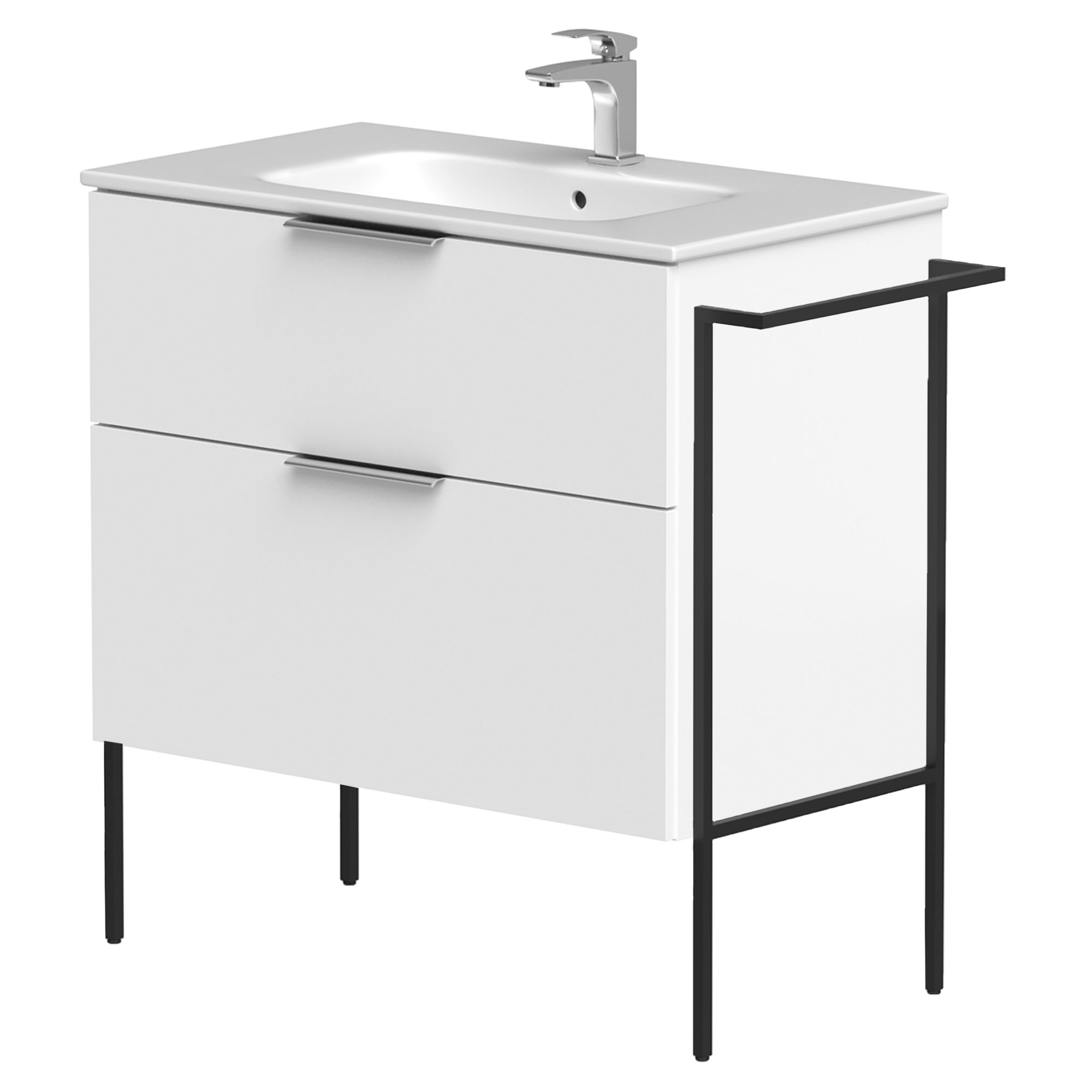 Tvättställsskåp Velira Vit Matt 80 cm med Handfat Vit, Handtagen Krom & Ben