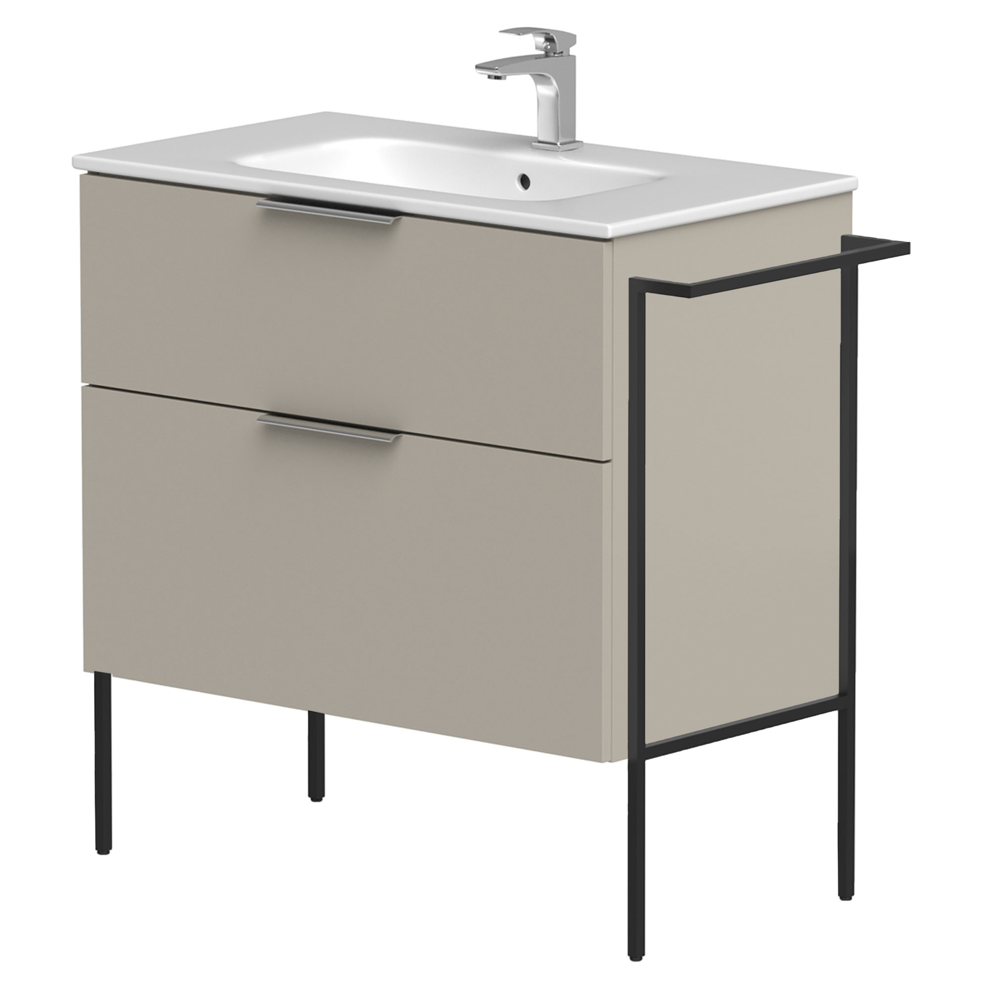 Tvättställsskåp Velira Gråbeige Matt 80 cm med Handfat Vit, Handtagen Krom & Ben