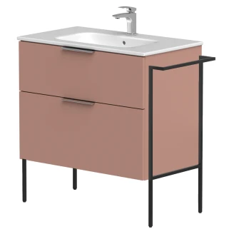 Tvättställsskåp <strong>Velira</strong>  Rosa Matt 80 cm med Handfat Vit, Handtagen Krom & Ben
