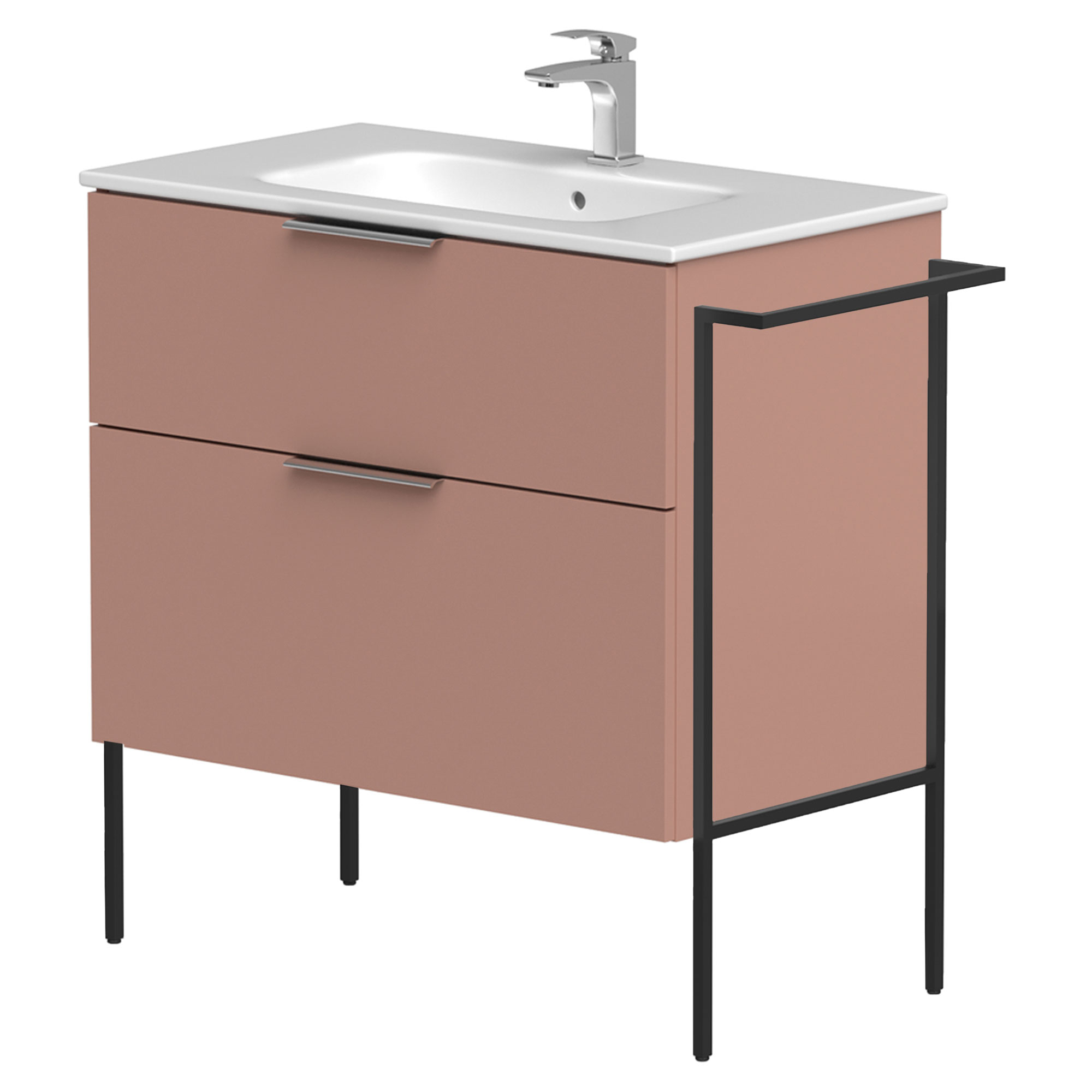 Tvättställsskåp Velira Rosa Matt 80 cm med Handfat Vit, Handtagen Krom & Ben