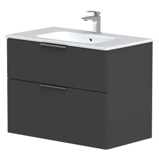 Tvättställsskåp Velira Grafit Matt 80 cm med Handfat Vit, Handtagen Krom & Ben