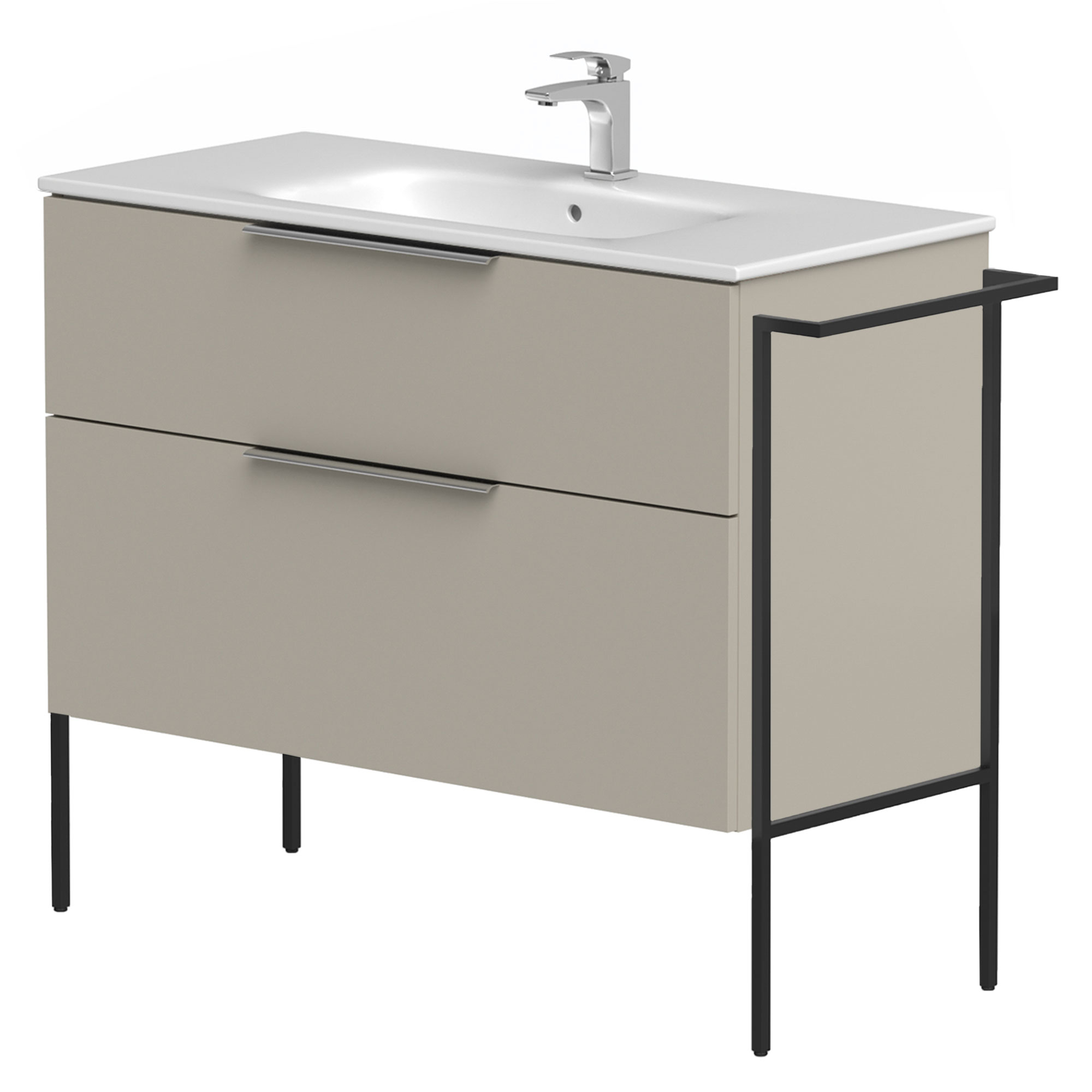 Tvättställsskåp Velira Gråbeige Matt 100 cm med Handfat Vit, Handtagen Krom & Ben