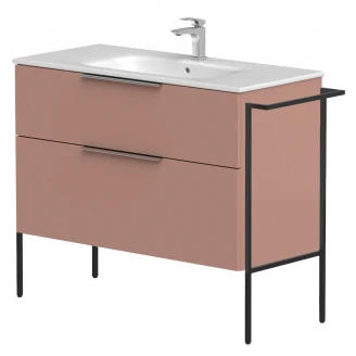 Tvättställsskåp <strong>Velira</strong>  Rosa Matt 100 cm med Handfat Vit, Handtagen Krom & Ben