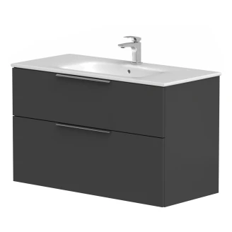 Tvättställsskåp Velira Grafit Matt 100 cm med Handfat Vit, Handtagen Krom & Ben