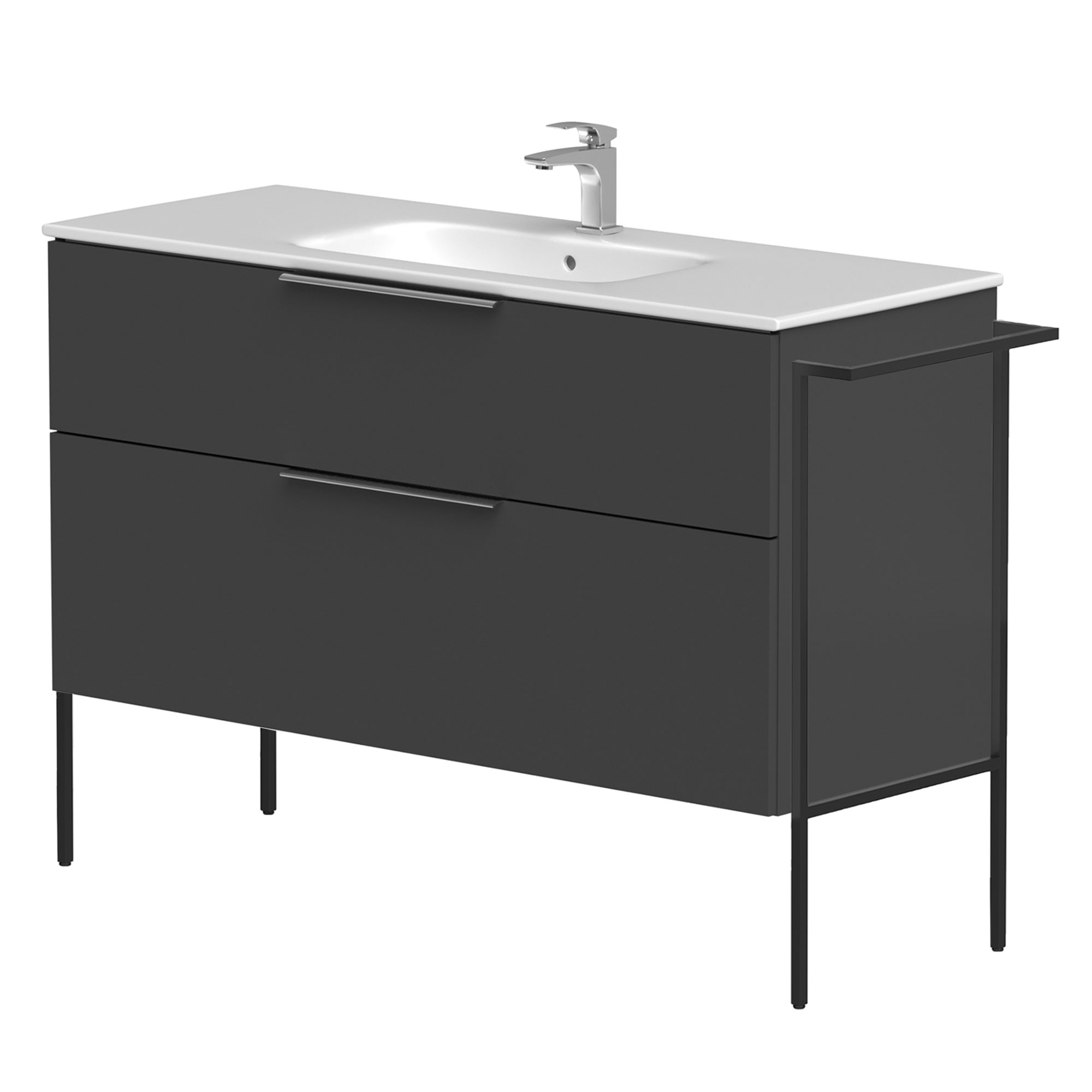 Tvättställsskåp Velira Grafit Matt 120 cm med Handfat Vit, Handtagen Krom & Ben