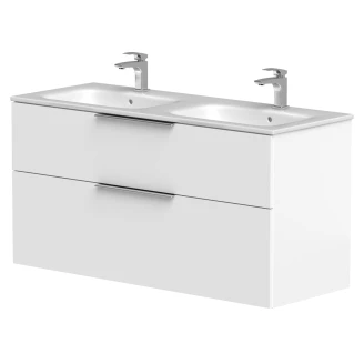 Dubbelt Tvättställsskåp Velira Vit Matt 120 cm med Handfat Vit, Handtagen Krom & Ben