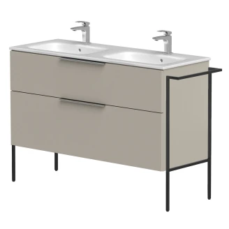 Dubbelt Tvättställsskåp <strong>Velira</strong>  Gråbeige Matt 120 cm med Handfat Vit, Handtagen Krom & Ben