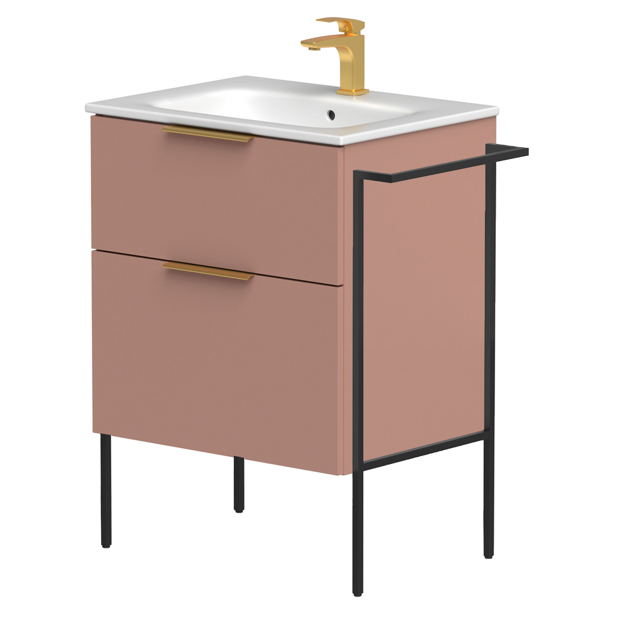 Tvättställsskåp Velira Rosa Matt 60 cm med Handfat Vit, Handtagen Guld & Ben
