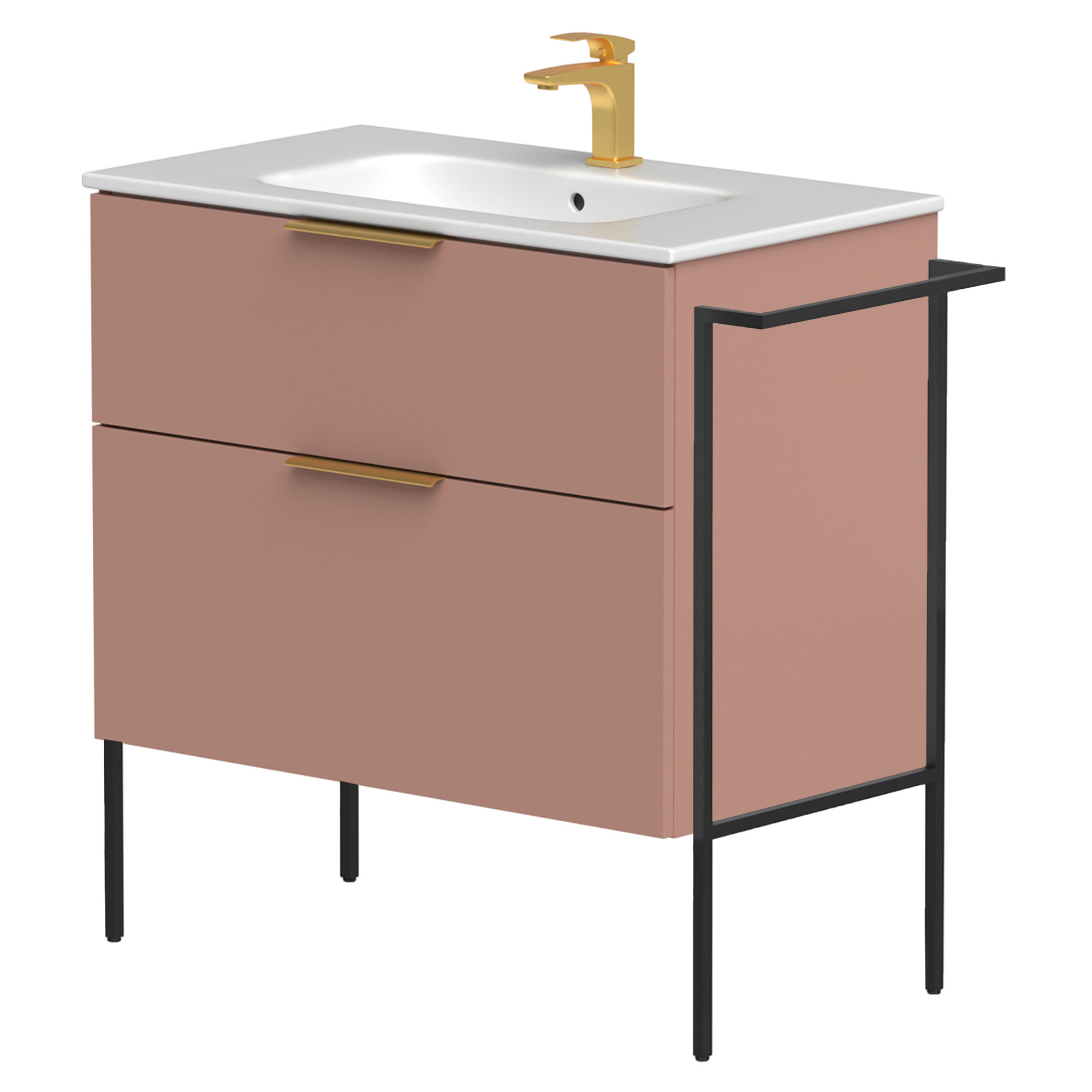 Tvättställsskåp Velira Rosa Matt 80 cm med Handfat Vit, Handtagen Guld & Ben