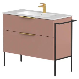 Tvättställsskåp <strong>Velira</strong>  Rosa Matt 100 cm med Handfat Vit, Handtagen Guld & Ben