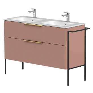 Dubbelt Tvättställsskåp <strong>Velira</strong>  Rosa Matt 120 cm med Handfat Vit, Handtagen Guld & Ben