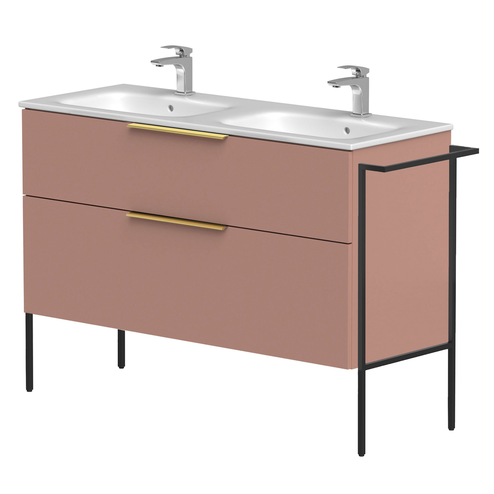 Dubbelt Tvättställsskåp Velira Rosa Matt 120 cm med Handfat Vit, Handtagen Guld & Ben