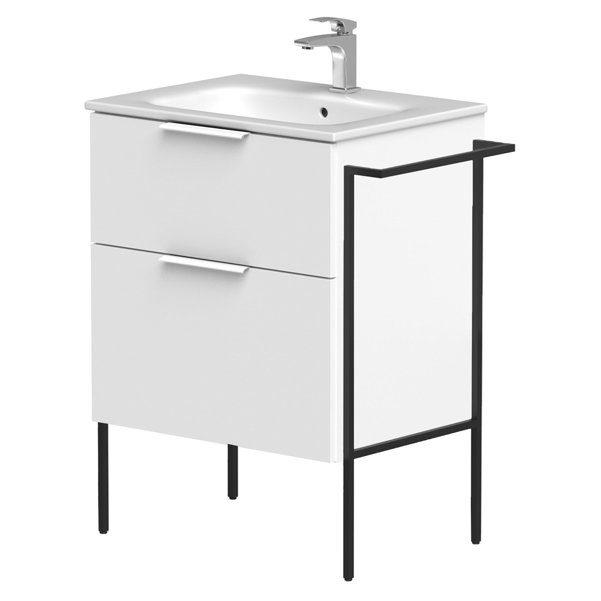 Tvättställsskåp Velira Vit Matt 60 cm med Handfat Vit, Handtagen Vit & Ben