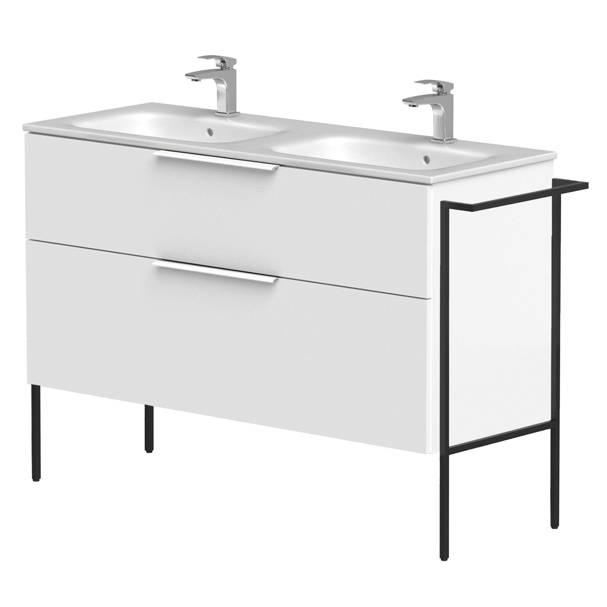 Dubbelt Tvättställsskåp Velira Vit Matt 120 cm med Handfat Vit, Handtagen Vit & Ben
