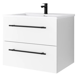 Tvättställsskåp <strong>Elara</strong>  Vit Matt 60 cm med 2 Lådor & Handtagen Svart, Handfat
