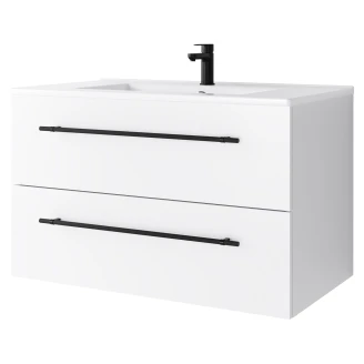 Tvättställsskåp <strong>Elara</strong>  Vit Matt 80 cm med 2 Lådor & Handtagen Svart, Handfat
