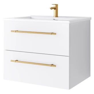 Tvättställsskåp <strong>Elara</strong>  Vit Matt 60 cm med 2 Lådor & Handtagen Guld, Handfat