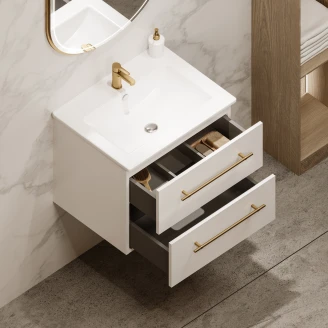 Tvättställsskåp <strong>Elara</strong>  Vit Matt 60 cm med 2 Lådor & Handtagen Guld, Handfat