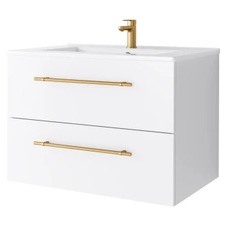 Tvättställsskåp <strong>Elara</strong>  Vit Matt 70 cm med 2 Lådor & Handtagen Guld, Handfat