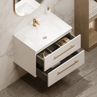 Tvättställsskåp <strong>Elara</strong>  Vit Matt 70 cm med 2 Lådor & Handtagen Guld, Handfat