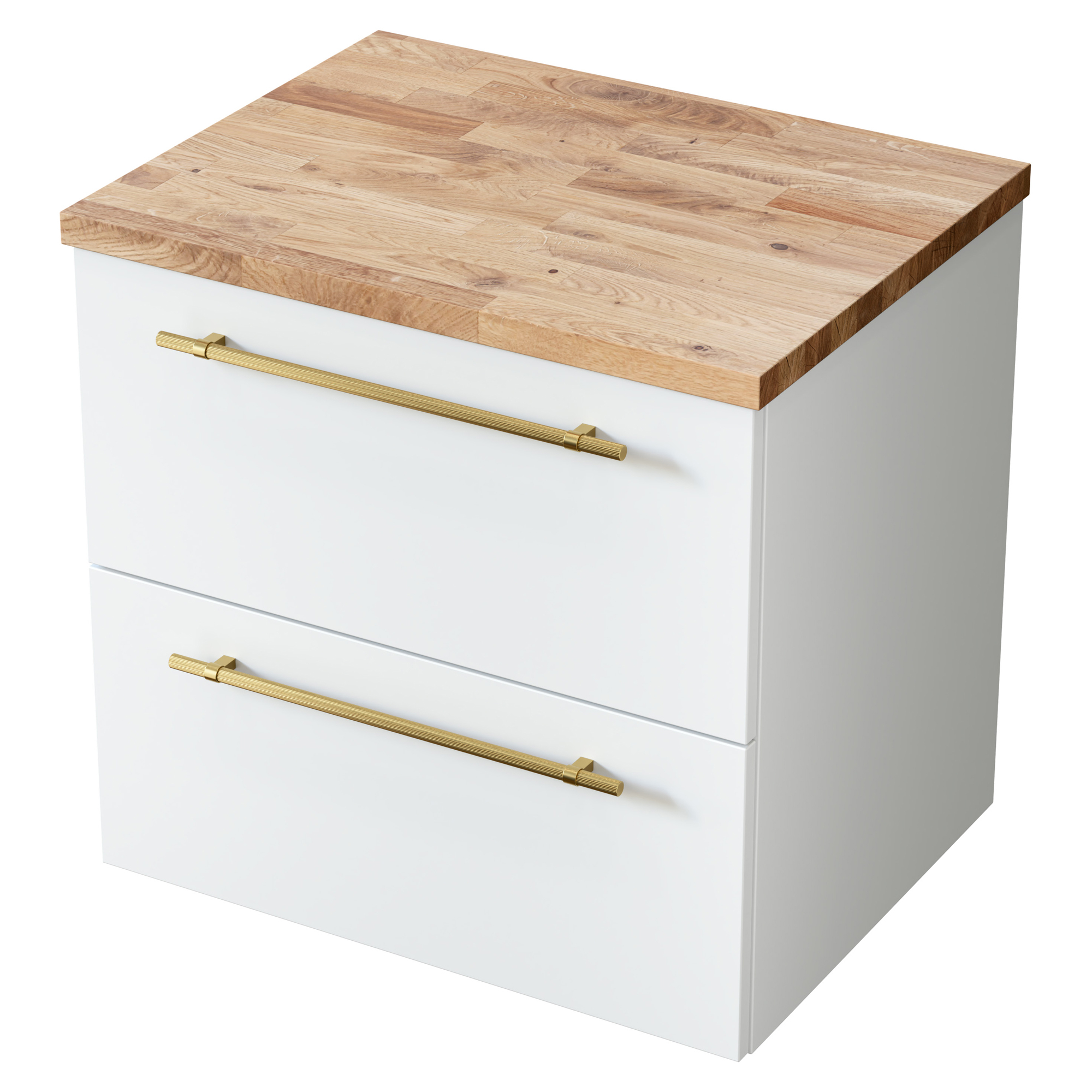 Tvättställsskåp Elara Vit Matt 60 cm & Handtagen Guld med Top Ek Trä