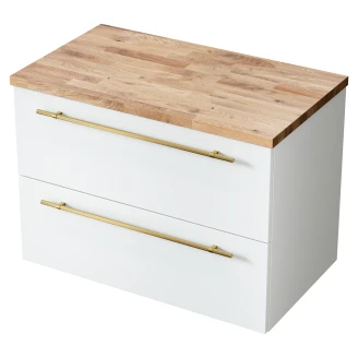 Tvättställsskåp <strong>Elara</strong>  Vit Matt 80 cm & Handtagen Guld med Top Ek Trä