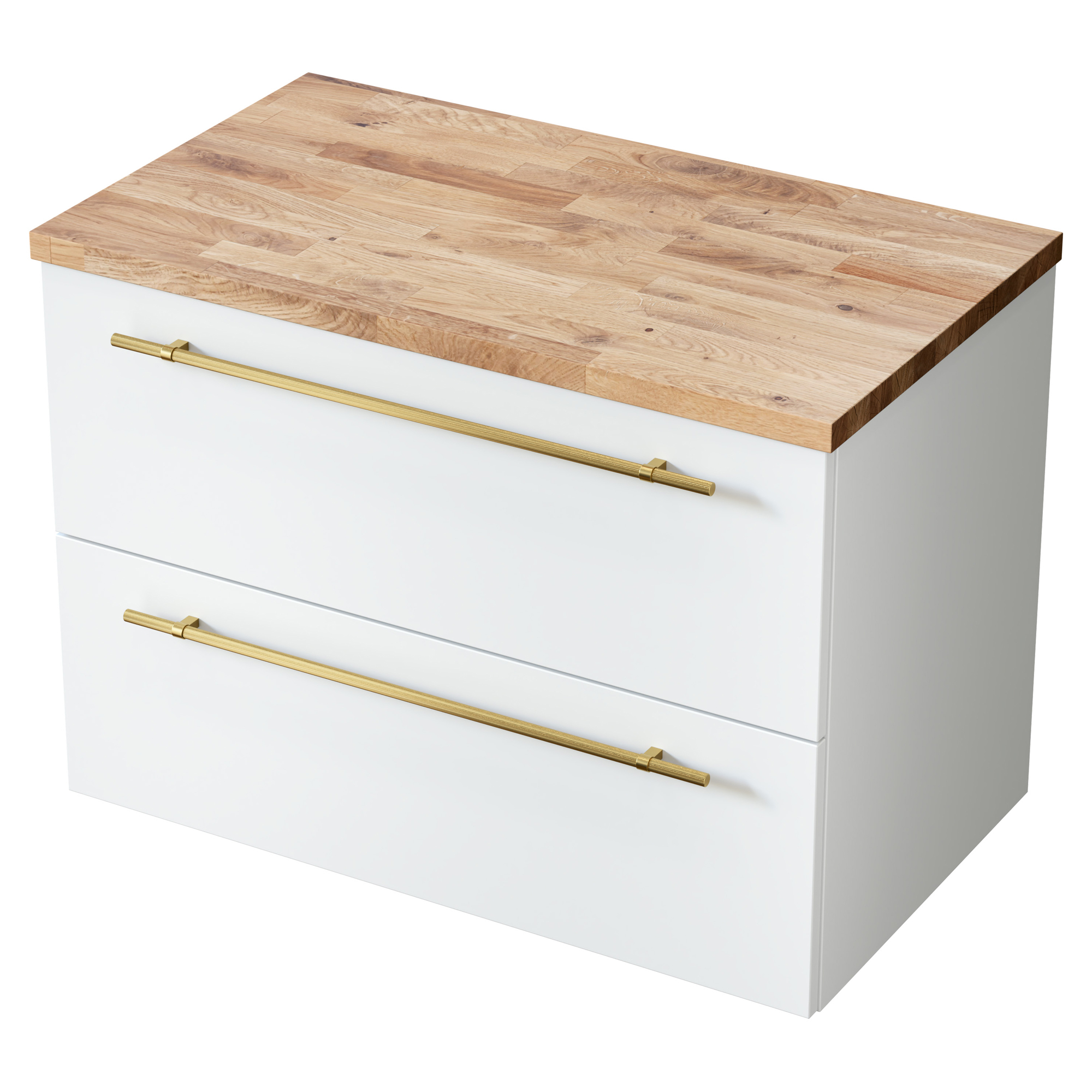 Tvättställsskåp Elara Vit Matt 80 cm & Handtagen Guld med Top Ek Trä