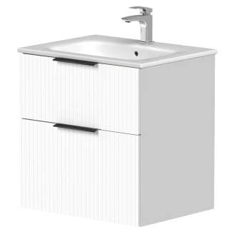 Tvättställsskåp <strong>Velira</strong>  Vit Räfflad Matt 60 cm med Handfat Vit & Handtagen Svart