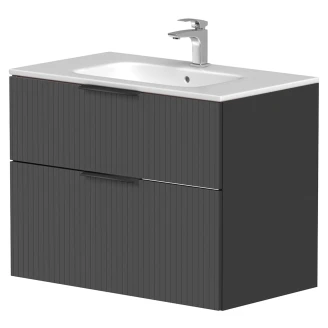 Tvättställsskåp <strong>Velira</strong>  Grafit Räfflad Matt 80 cm med Handfat Vit & Handtagen Svart