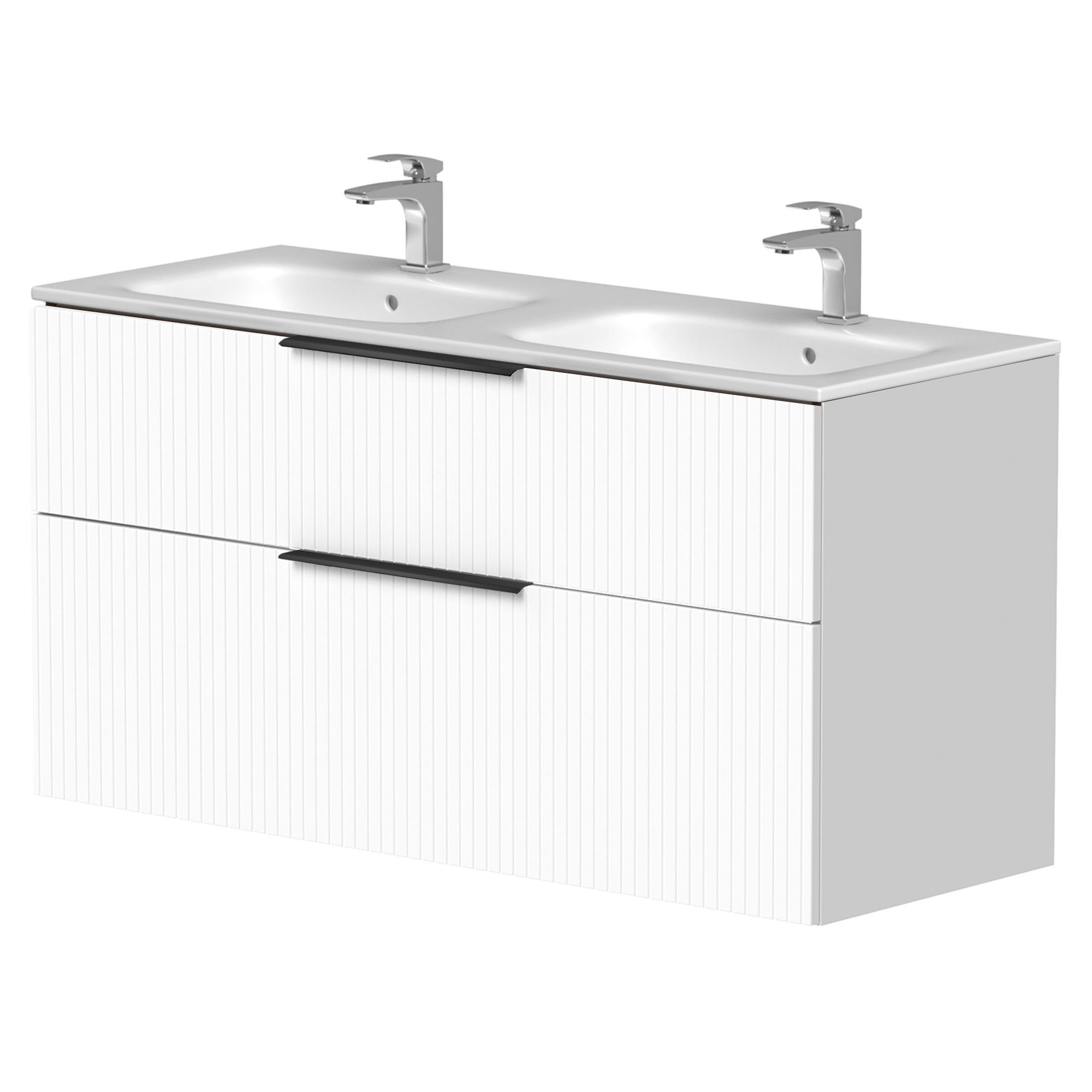 Dubbelt Tvättställsskåp Velira Vit Räfflad Matt 120 cm med Handfat Vit & Handtagen Svart