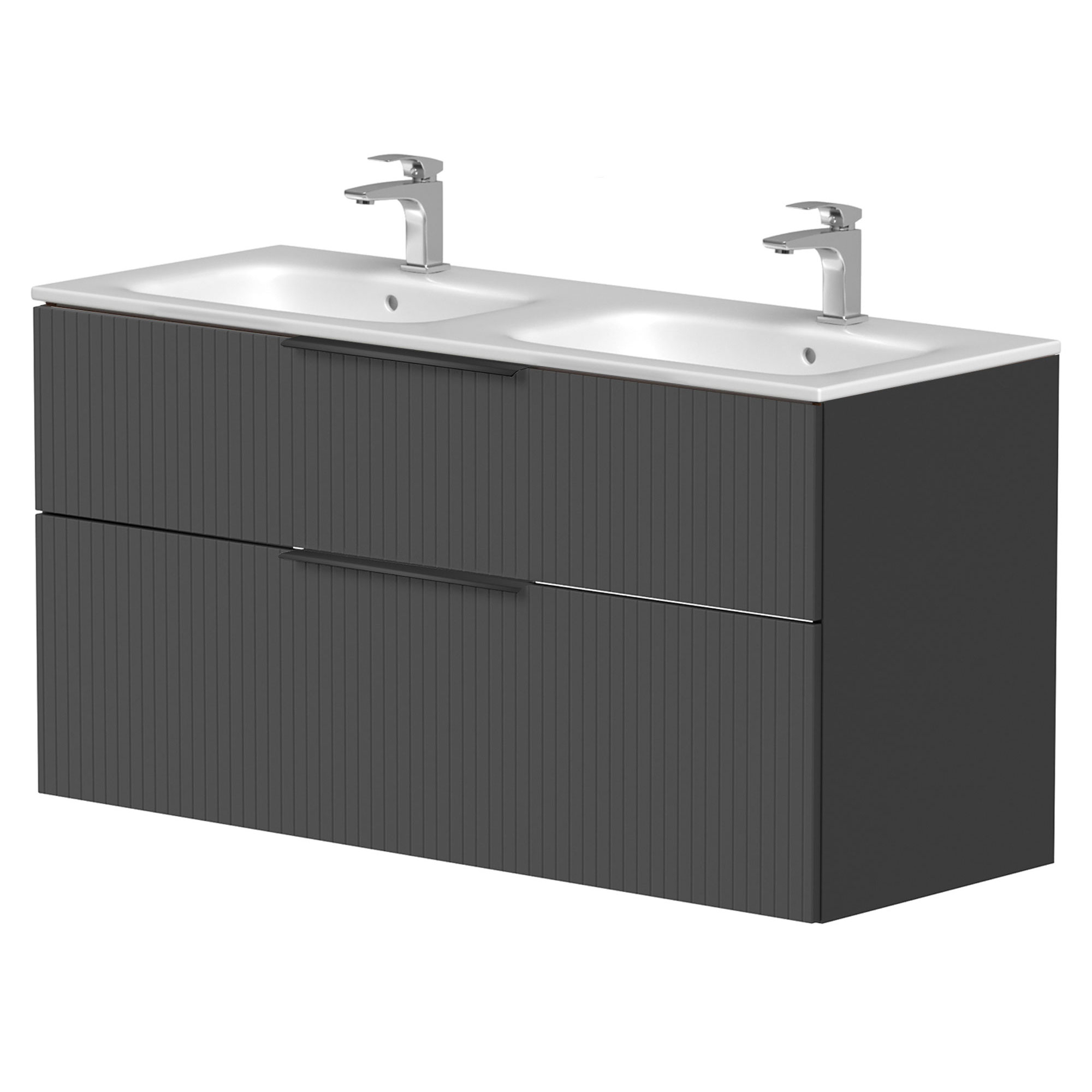 Dubbelt Tvättställsskåp Velira Grafit Räfflad Matt 120 cm med Handfat Vit & Handtagen Svart