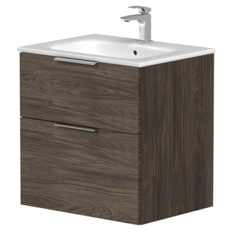 Tvättställsskåp <strong>Velira</strong>  Brun Ek Matt 60 cm med Handfat Vit & Handtagen Krom