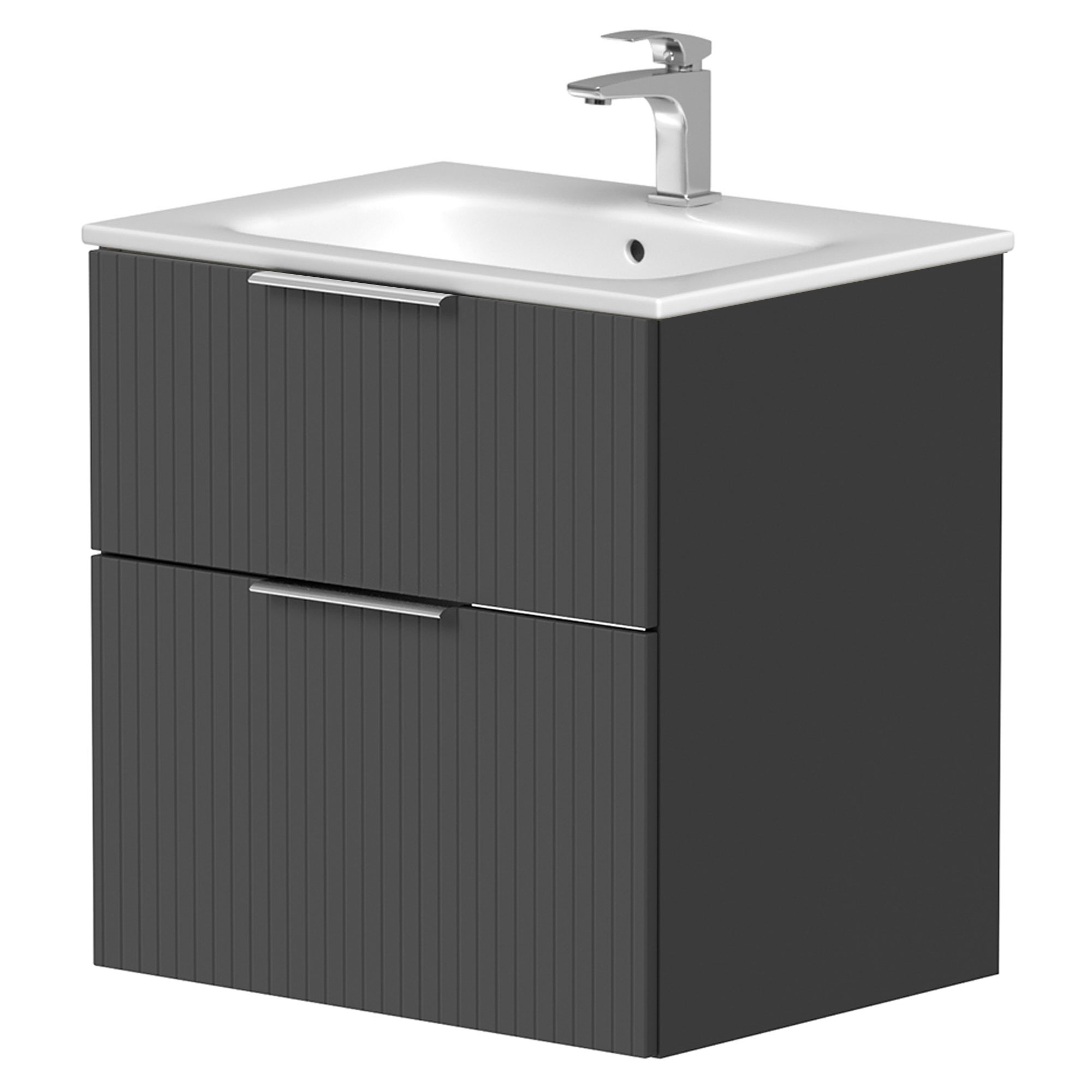 Tvättställsskåp Velira Grafit Räfflad Matt 60 cm med Handfat Vit & Handtagen Krom