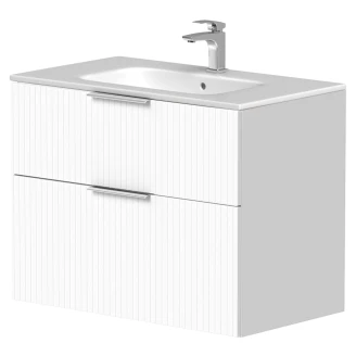 Tvättställsskåp <strong>Velira</strong>  Vit Räfflad Matt 80 cm med Handfat Vit & Handtagen Krom