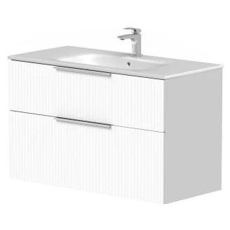 Tvättställsskåp <strong>Velira</strong>  Vit Räfflad Matt 100 cm med Handfat Vit & Handtagen Krom