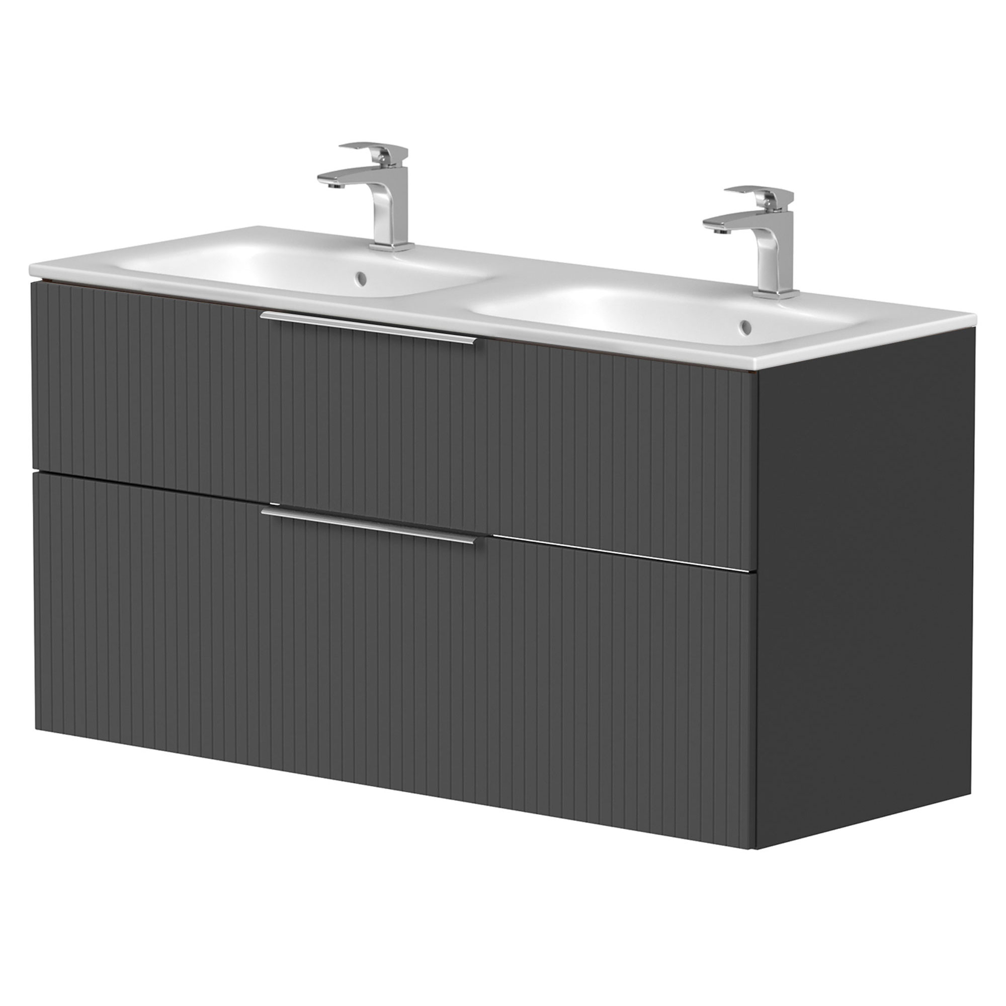 Dubbelt Tvättställsskåp Velira Grafit Räfflad Matt 120 cm med Handfat Vit & Handtagen Krom