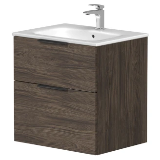 Tvättställsskåp Velira Brun Ek Matt 60 cm med Handfat Vit, Handtagen Svart & Ben